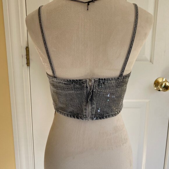 ZARA gray denim clear sequin embellished foil crop top, sz S - Picture 3 of 7